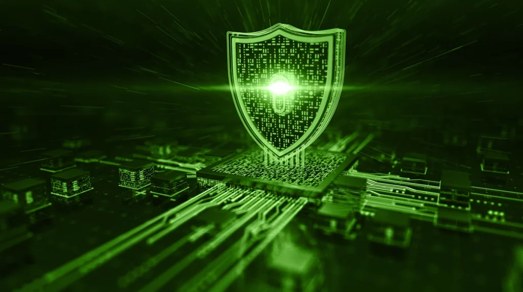 Data Encryption Concept-shield with keyhole hovering above CPU